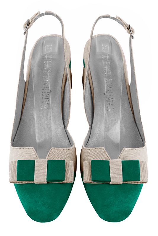 Emerald green and light silver women's open back shoes, with a knot. Round toe. Low flare heels. Top view - Florence KOOIJMAN